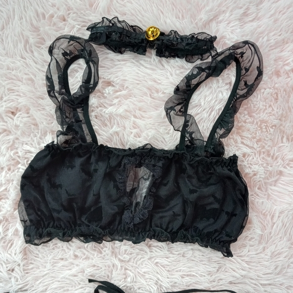 Frilly sexy bat print accent 6 piece gothic lingerie set! Lacy mesh boutique bat - Picture 15 of 16